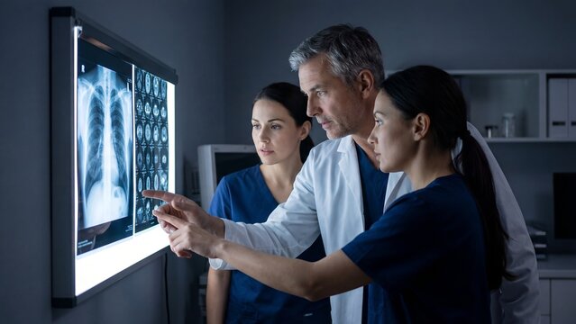 Medical team examining x-ray images together in a hospital room setting