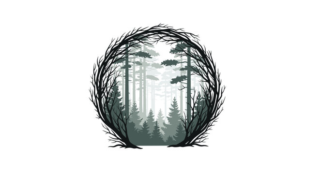 A circular frame of dark, gnarled tree branches encircles a misty, monochrome forest of tall pine trees against a bright background.
