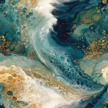 Abstract liquid background with transformative teal and shiny metallic gold foil. Modern fluid pattern in trendy colors resembling tempera and oil canvas painting