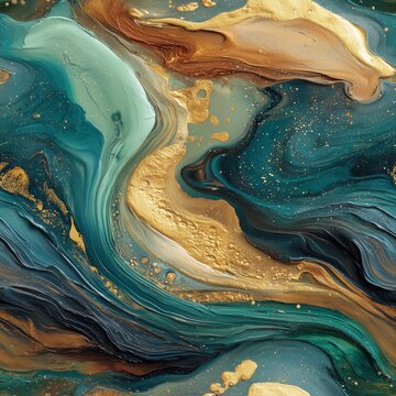 Abstract liquid background with transformative teal and shiny metallic gold foil. Modern fluid pattern in trendy colors resembling tempera and oil canvas painting