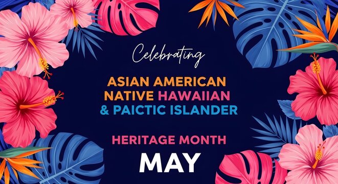 Graphic design celebrates Asian American Native Hawaiian and Pacific Islander Heritage Month in May with tropical floral borders.