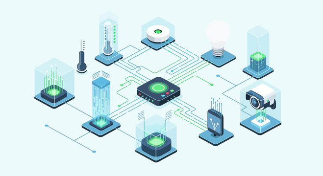 Centralized Digital Network Hub Connecting Various Smart Devices.