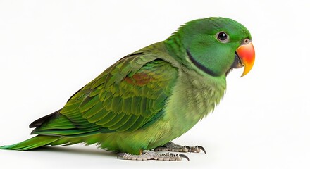 Naklejka premium Green Parrot Perched on White Surface - A Detailed View.