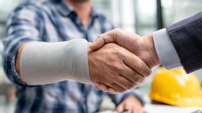Consultation Between a Workers Compensation Attorney and an Injured Construction Worker in a Plain Office Setting
