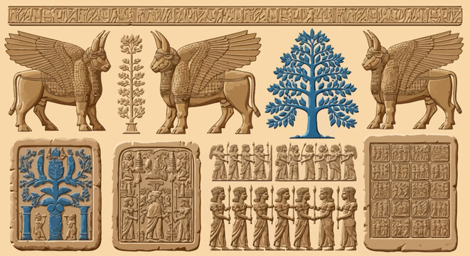 Ancient Mesopotamian Relief Motifs and Sumerian Cuneiform Vector Borders