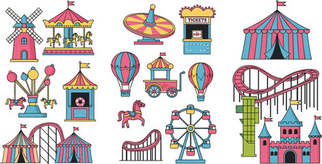 Amusement park and circus vector set with carousel, ferris wheel, roller coaster, tent and carnival attractions in flat illustration style © MdNazmul