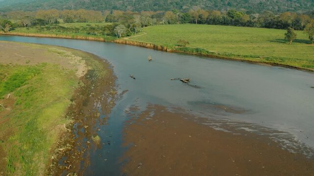 Aerial view of river channel with sediment deposits and green hills in Costa Rica