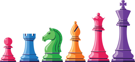 Colorful chess pieces vector set including king queen bishop knight rook and pawn in vibrant hues for business strategy and competition concepts. © Hosneara