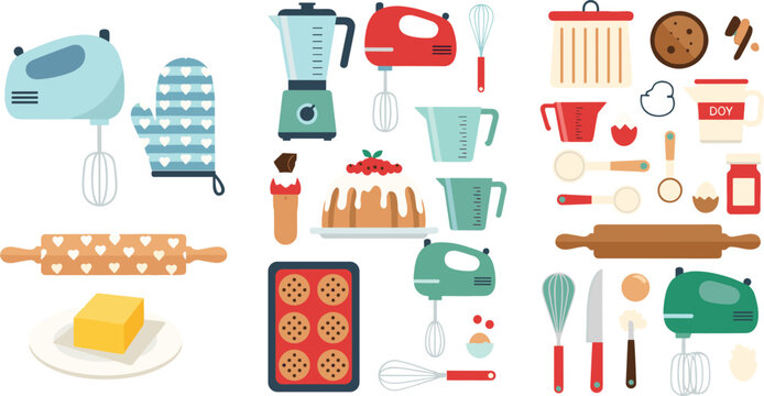 Baking and kitchen utensils vector set with mixer, blender, rolling pin, cake, cookies and pastry tools in cute flat illustration style