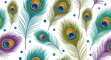 Obraz premium Colorful decorative illustration of multiple stylized peacock feathers with vibrant shades of green, teal, blue, purple, and gold arranged across white background for elegant design artwork