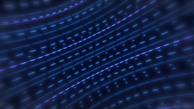 Data Flow, Digital Technology, Speed, And Network Connectivity Concept. Animation Abstract Blue Glowing Light Dashed Lines Moving In Smooth Curved Paths On A Dark Background. Motion Dynamic Backdrop 