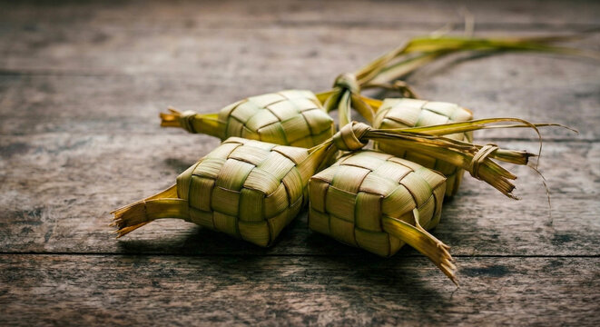 A close-up shot of four traditional Ketupat rice cakes, intricately woven from young coconut leaves and tied in a bunch. This image perfectly captures the essence of Eid al-Fitr in Southeast Asia.