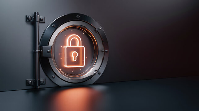 Secure digital vault with glowing lock symbol cybersecurity data protection icon glowing orange