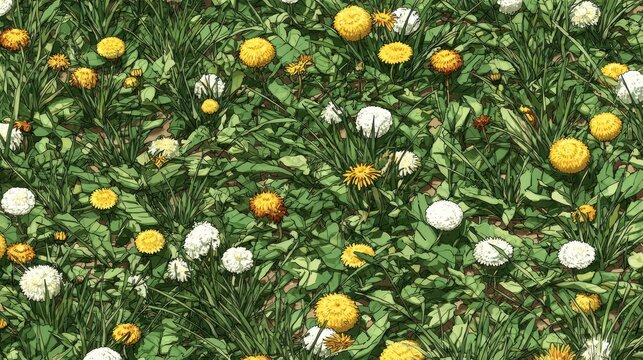 Dense field showcasing yellow and white flowering plants interspersed with lush green foliage.