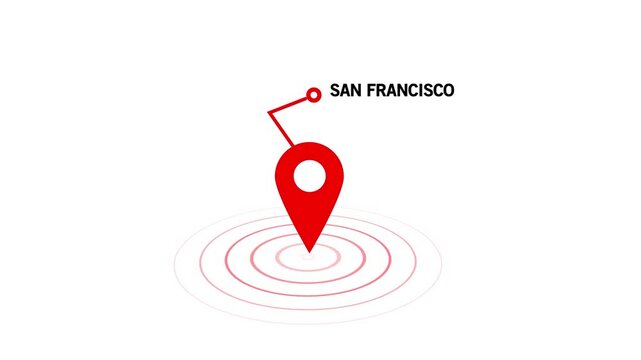 San Francisco location map pin, GPS navigation pointer concept, global destination marker , travel and geography , digital world location , on Black Background and features 4k Motion video