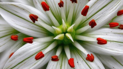 Fototapeta premium Extreme close up reveals intricate detail of white blossom center with bright red pollen structures