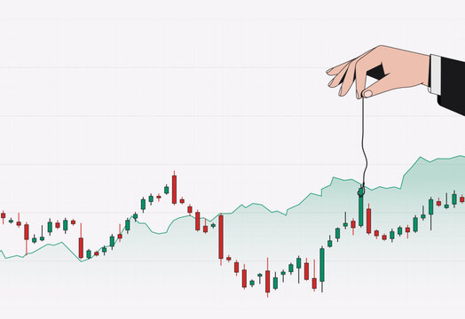 Hand manipulates market chart. Financial data. Control and influence. Trading activity. Market manipulation, strategy, investment decisions and price movement analysis. Graph. Vector illustration.