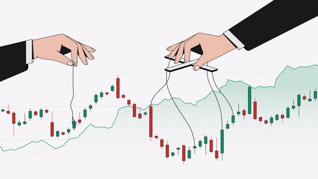 Hand manipulates market chart. Financial data. Control and influence. Trading activity. Market manipulation, strategy, investment decisions and price movement analysis. Graph. Vector illustration.