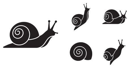 Collection of stylized black snail icons on a white background, showcasing different poses and angles. © Riki
