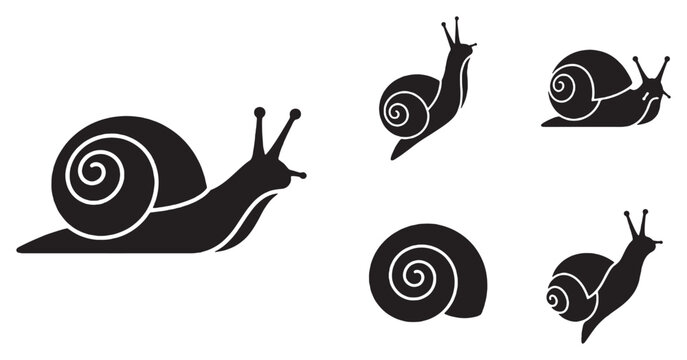 Collection of stylized black snail icons on a white background, showcasing different poses and angles.