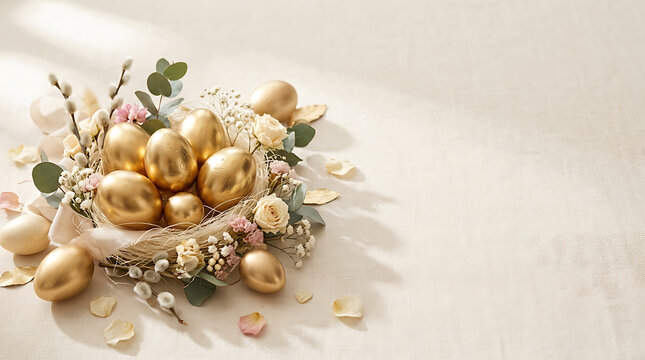 Easter golden eggs in a nest with flowers and leaves on a beige background transparent background