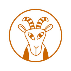 Goat head icon, vector illustration, minimalist line drawing, brown outline, isolated on white background