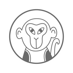 Monkey icon in circle, vector illustration, grey outline, minimalist line drawing, isolated on white background
