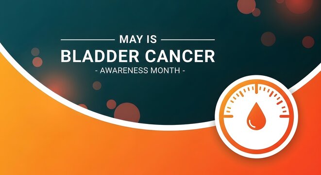 The words Bladder Cancer Awareness Month are centered below a purple and blue awareness ribbon framed by vibrant yellow, blue, and purple geometric shapes.