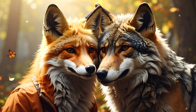 Two Wolves Standing Side by Side.