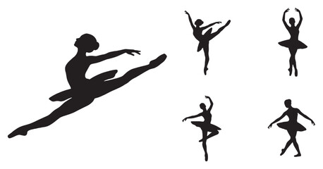 Collection of ballet dancers in silhouette performing various graceful poses and movements. © Riki