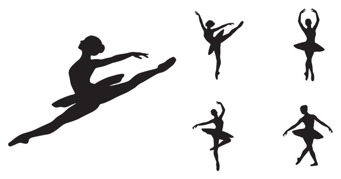 Collection of ballet dancers in silhouette performing various graceful poses and movements.