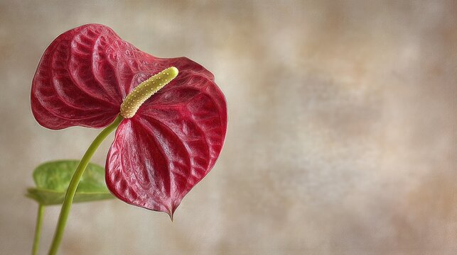 Richly colored tropical bloom features a prominent spadix against a soft, textured background