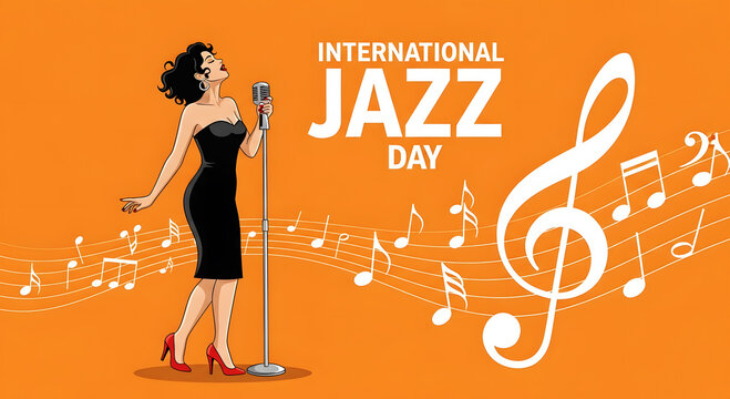 Woman singing into microphone with jazz music notes and treble clef singer