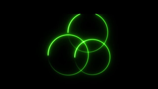 Three Intersecting Green Neon Circles on Black Background abstract bright