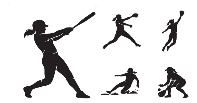 Collection of Silhouette Illustrations of Women Playing Baseball in Various Poses.