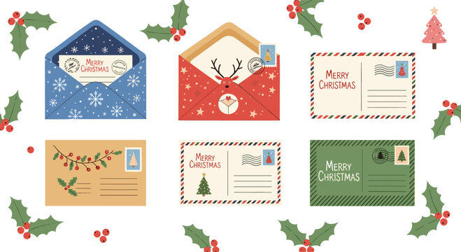 Christmas postcards vector set with envelopes, stamps, holly leaves and festive mail elements in holiday flat illustration style