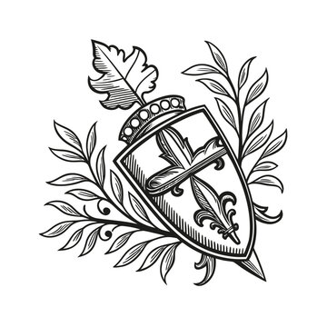 Vintage crest, heraldic shield, coat of arms, black and white vector