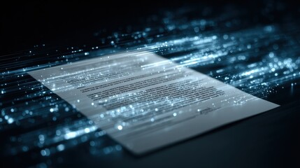 Fototapeta na wymiar Conceptual Render of a Contract Document Being Scanned by Abstract Light Beams Illustrating AI Analysis for Legaltech