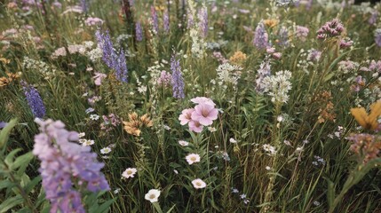 Fototapeta premium Lush field bursts with diverse colors of flowering plants and green foliage.