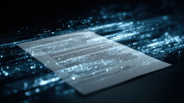 Conceptual Render of a Contract Document Being Scanned by Abstract Light Beams Illustrating AI Analysis for Legaltech