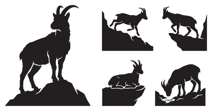 Collection of Ibex Silhouettes on Rocky Outcrops in Various Poses.