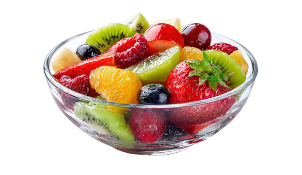 The image shows a clear glass bowl filled with a vibrant assortment of fresh fruit. Bright red strawberries, deep blue blueberries, and slices of green kiwi are mixed together, creating a colorful and