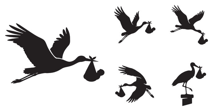 Silhouette illustrations of storks carrying babies in bundles, symbolizing birth and new life.