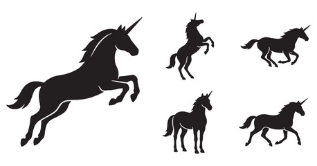 Obraz premium Set of black unicorn silhouettes in various poses, mythical creature vector illustration.