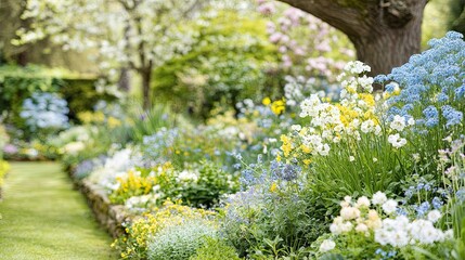 Obraz premium Lush springtime flower border showcases vibrant blue, yellow, and white blossoms alongside a grassy pathway