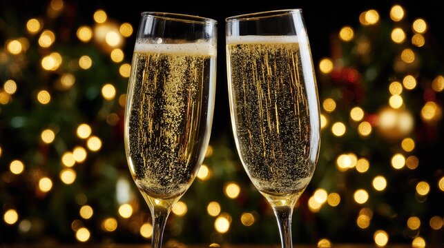 Two tall glasses filled with sparkling wine clink together against a backdrop of warm holiday lights.