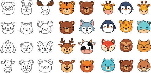 Fototapeta premium Cute animal faces vector set with cartoon zoo animals, bear, fox, penguin, giraffe and kawaii icons in flat illustration style