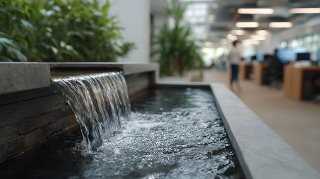 Tranquil indoor waterfall and greenery enhance modern office ambiance with blurred figures in background