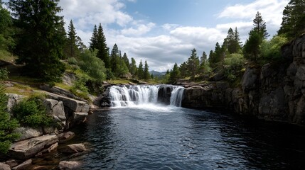 Fototapeta premium A majestic waterfall cascades over rocks in a lush green forest landscape under a cloudy sky