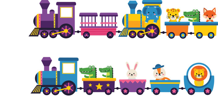 Cute animal train vector set with cartoon locomotive, wagons and jungle animals in colorful kids style